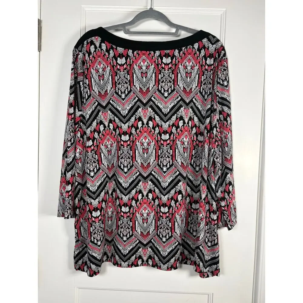 Alfred Dunner Geometric Aztec Tunic Top Pink Black White Geometric Blouse 3X - Picture 2 of 3